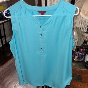 212 Collection Blue Sleeveless Buttoned Blouse with Mandarin Collar